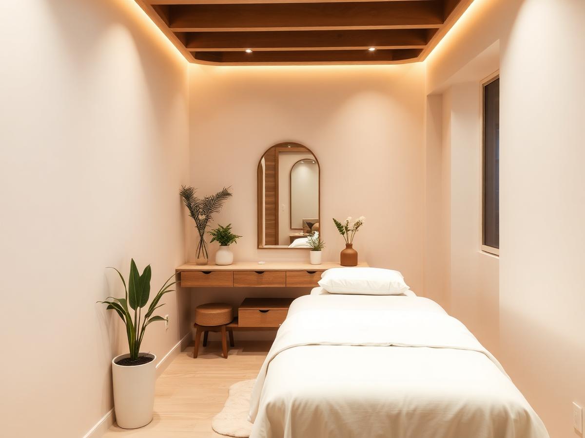 Sala de atendimento climatizada com decoração clara e confortável